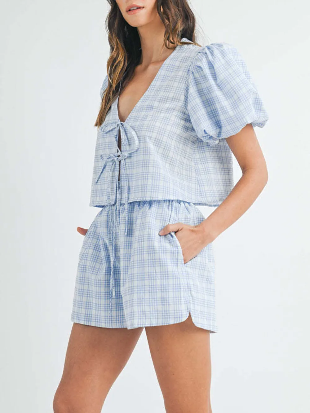 V-Neck Puff Sleeve Top and Shorts Set, image 10