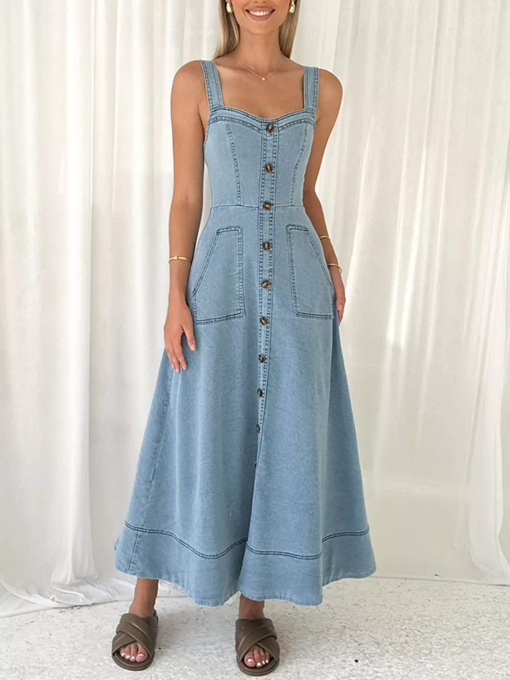 Decor Button Front A-Line Denim Dress, image 5