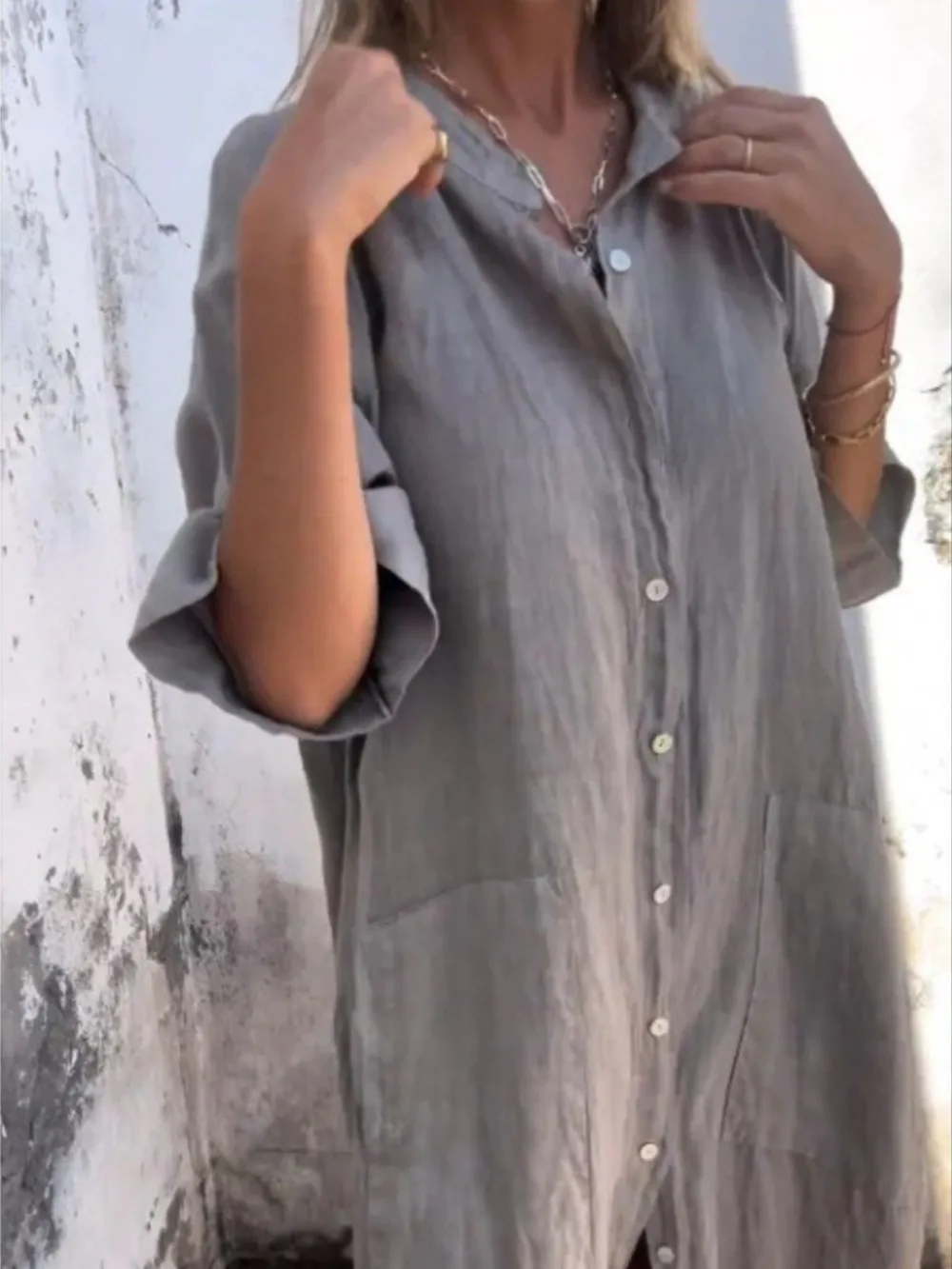 Full Size Casual Linen Button-Down Shirt Dress Plus Size, image 16