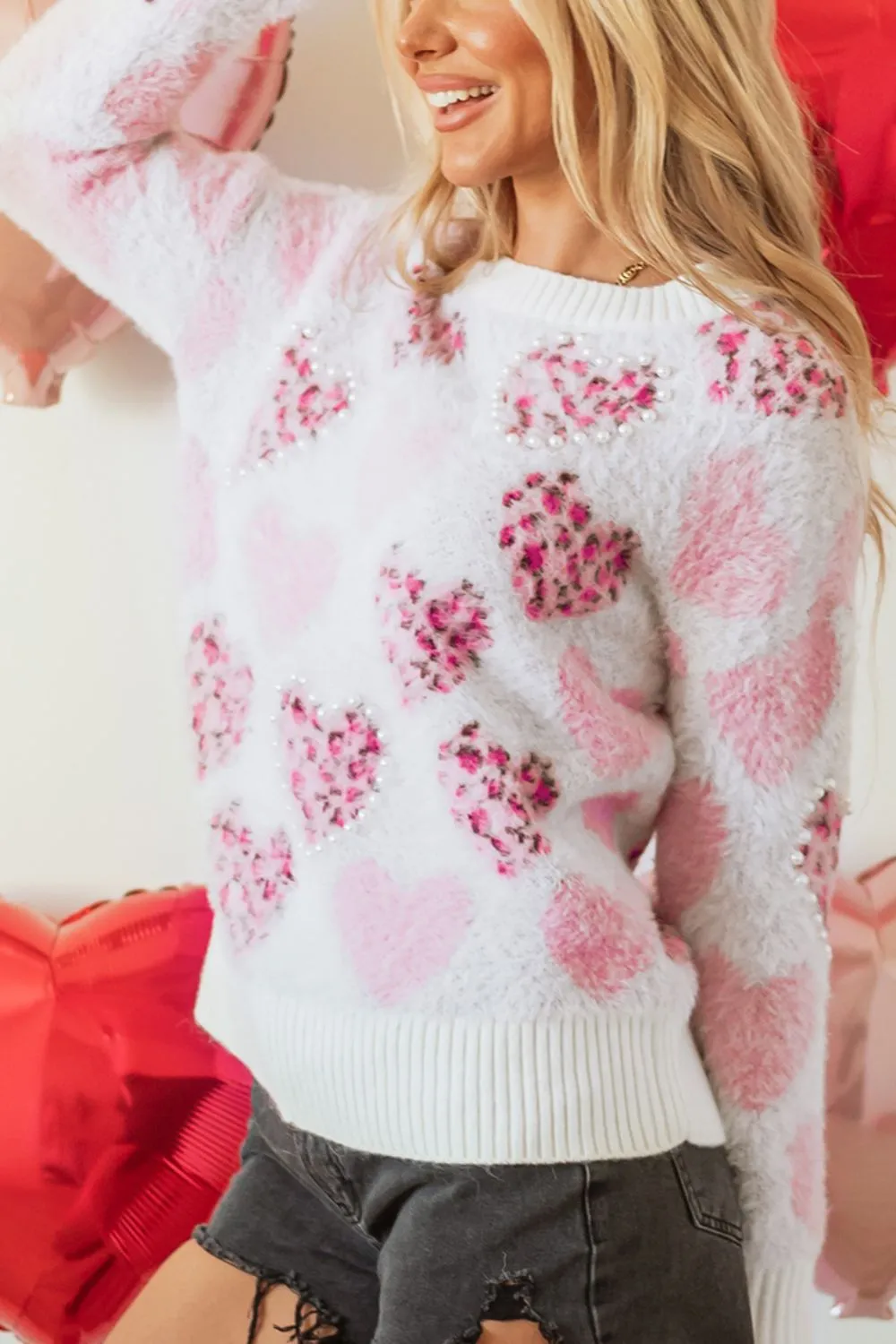 Pearl Detail Heart Round Neck Sweater, image 9