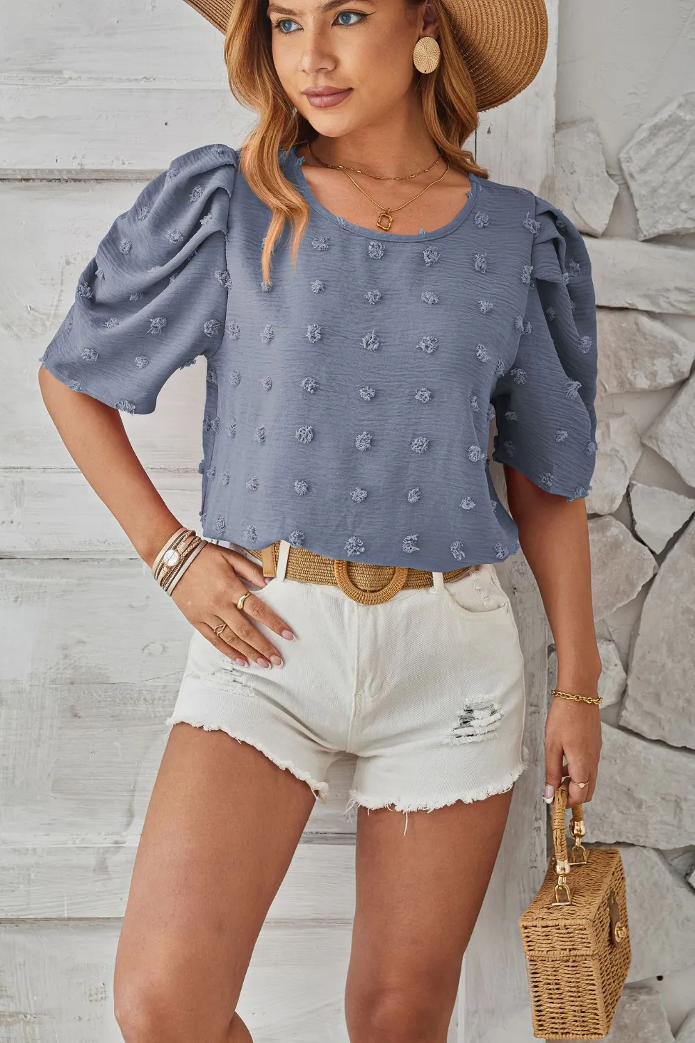 Swiss Dot Round Neck Short Sleeve Blouse, image 9