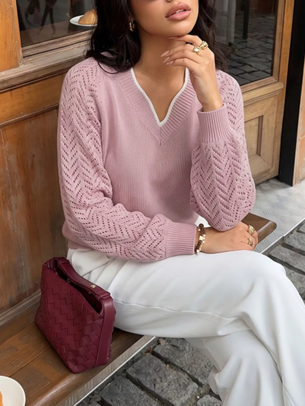 V-Neck Openwork Long Sleeve Sweater, image 3