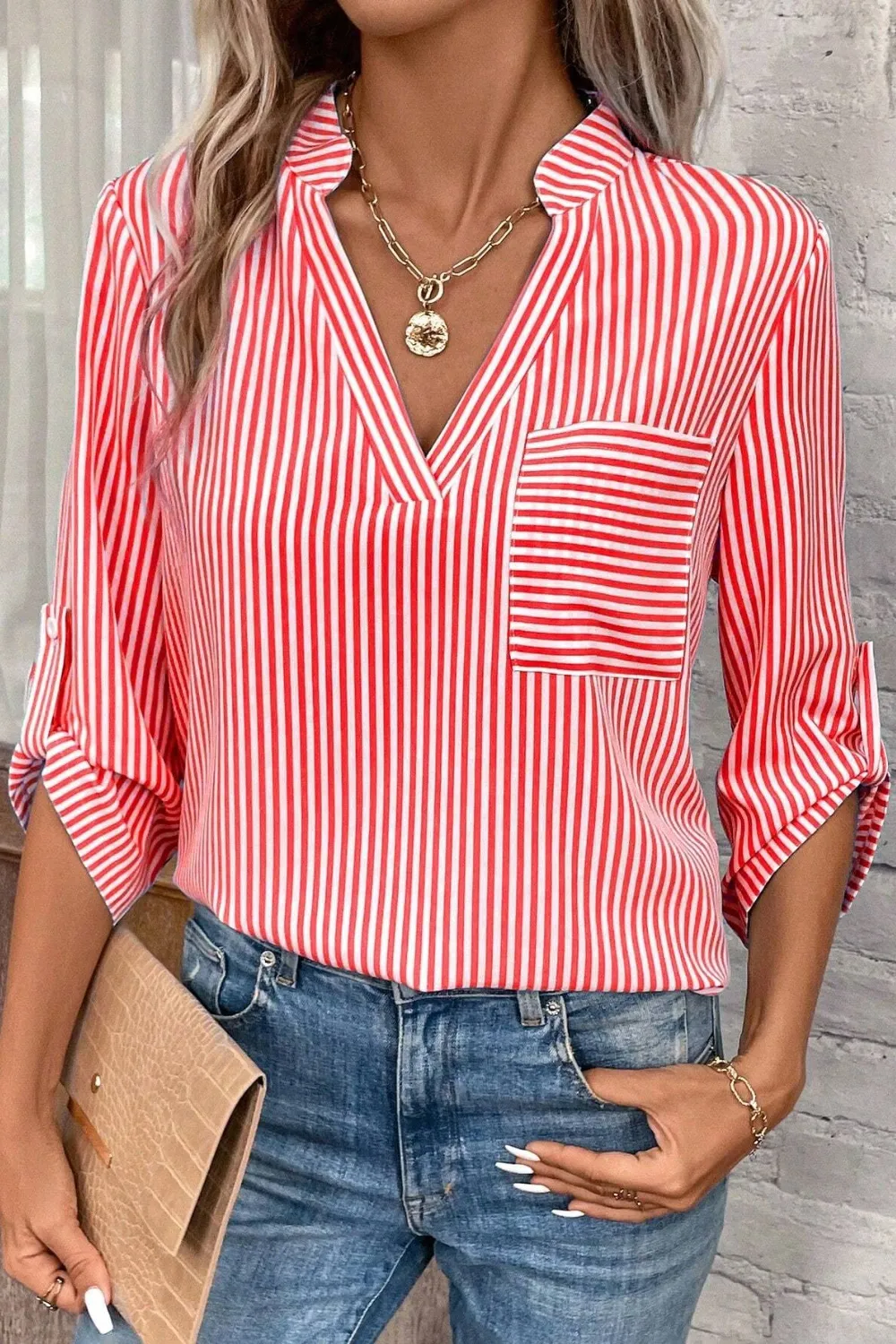 Striped Notched Roll-Tab Sleeve Shirt, image 2