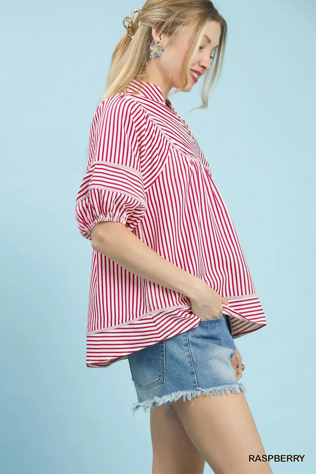 Striped Puff Sleeve Babydoll Top, image 2
