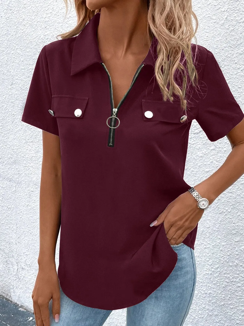 Zip Collar Short Sleeve Top, image 11