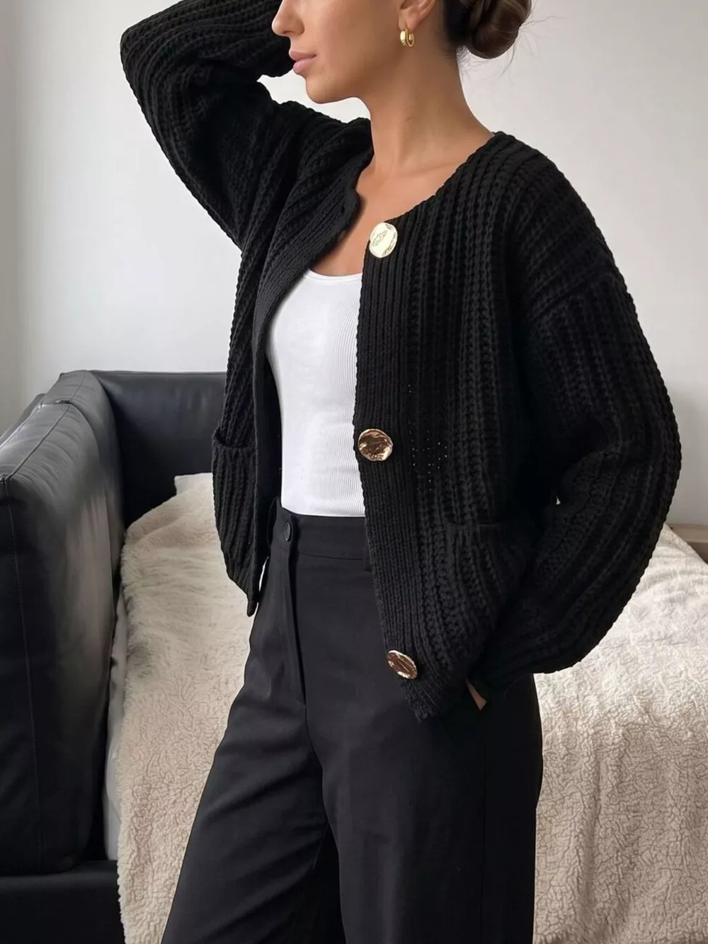 Ribbed Knit Cardigan with Gold-Tone Buttons, image 16