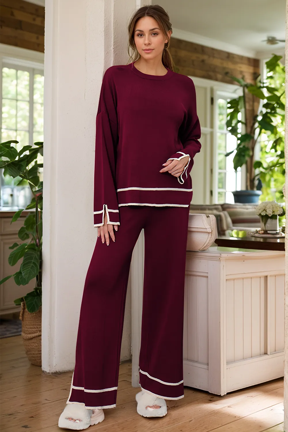 High-Low Round Neck Top and Pants Sweater Set, image 13
