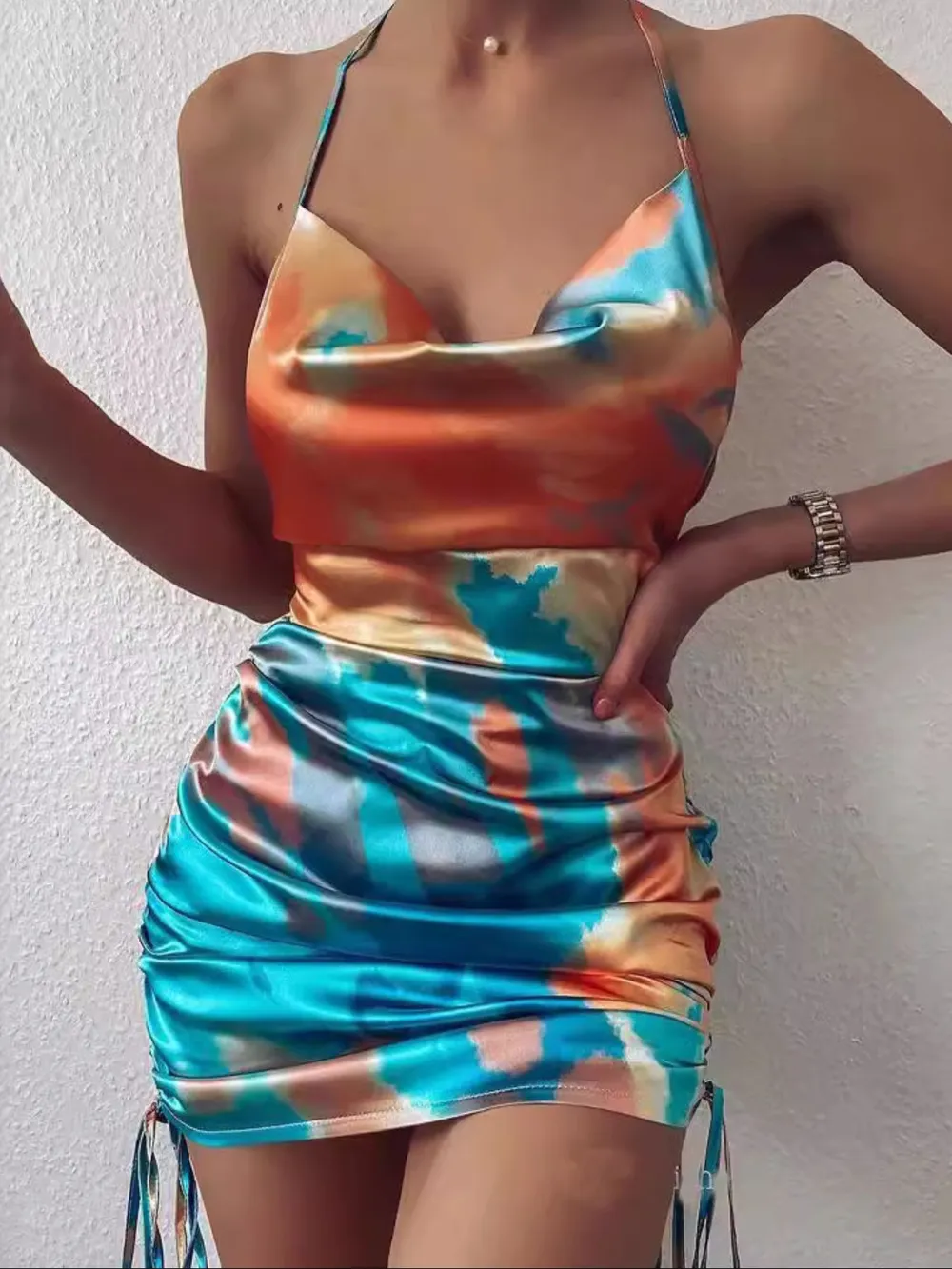 Tie-Dye Halter Ruched Mini Dress with Side Drawstring