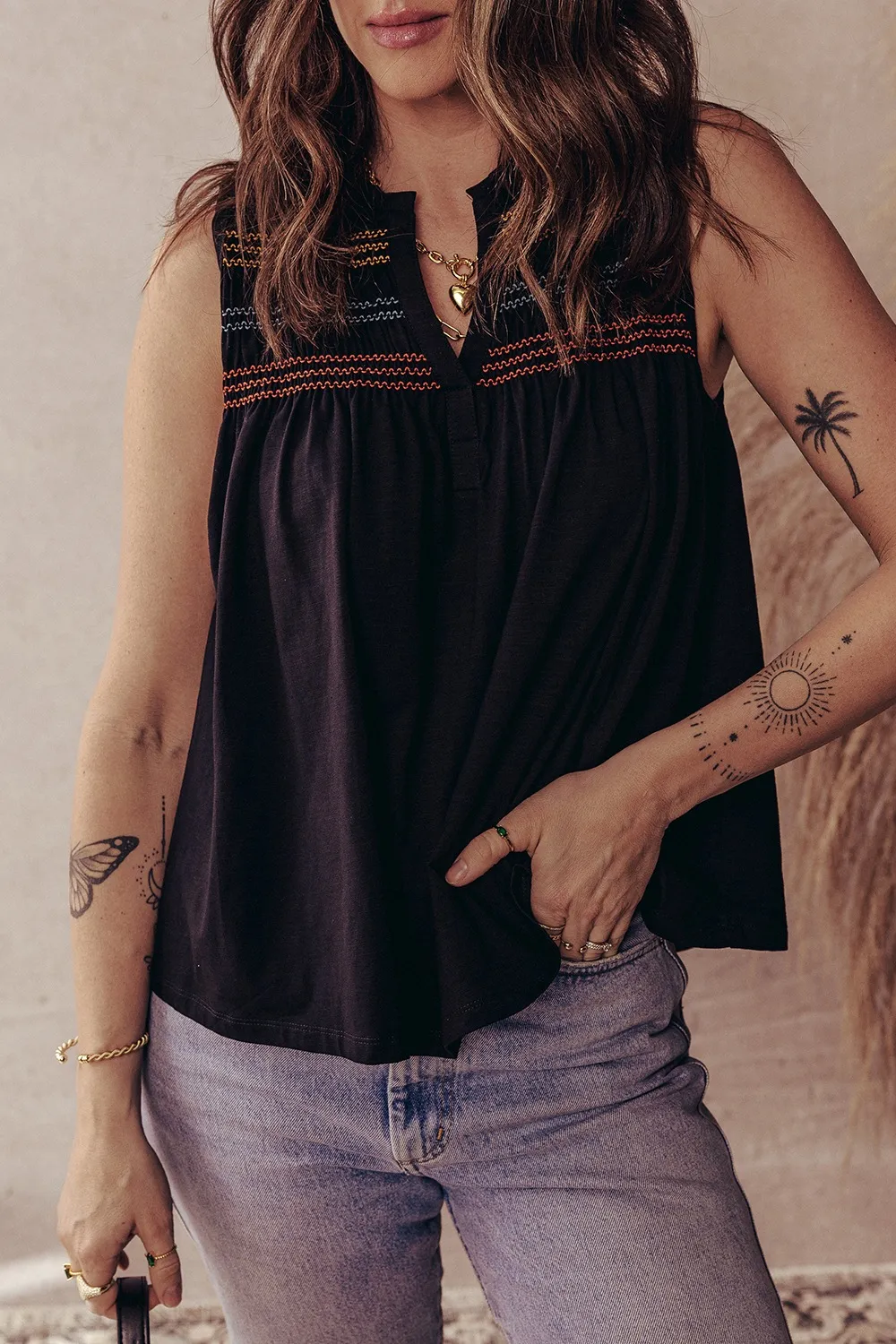 Boho Embroidered Sleeveless V-Neck Blouse