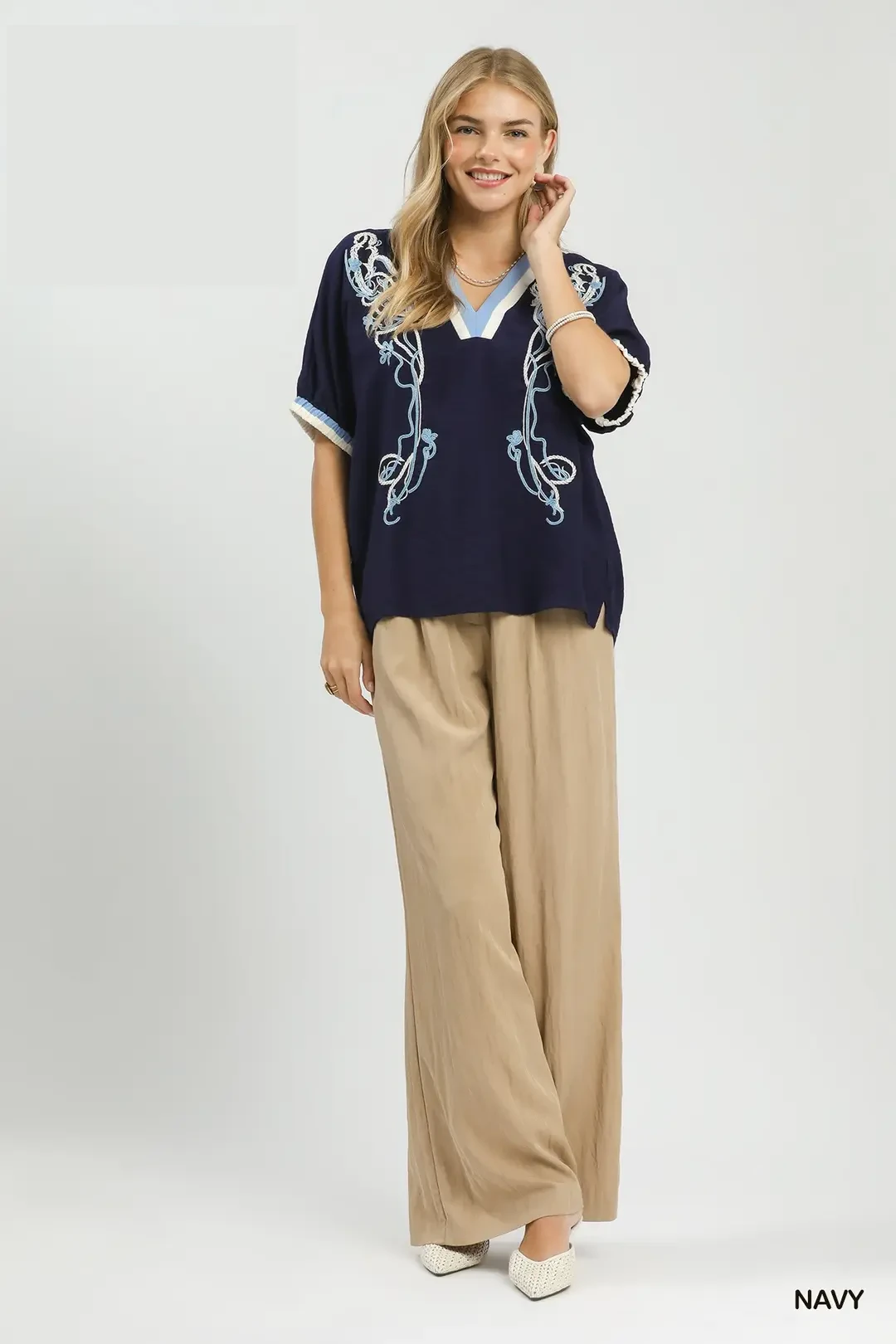 Embroidered Floral V-Neck Short Sleeve Blouse with Contrast Trim, image 5