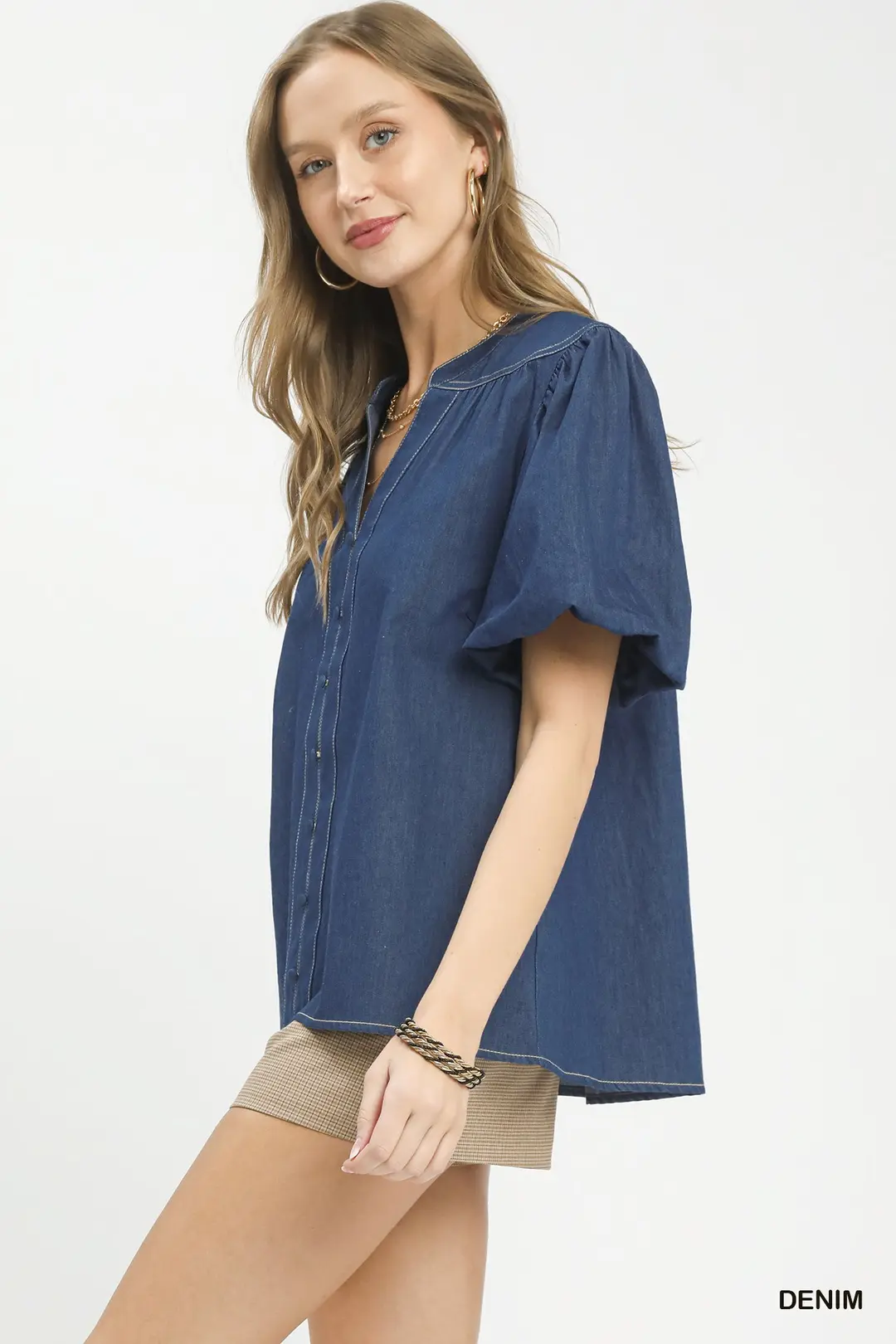 Denim Button Front Puff Sleeve Boho Blouse, image 2
