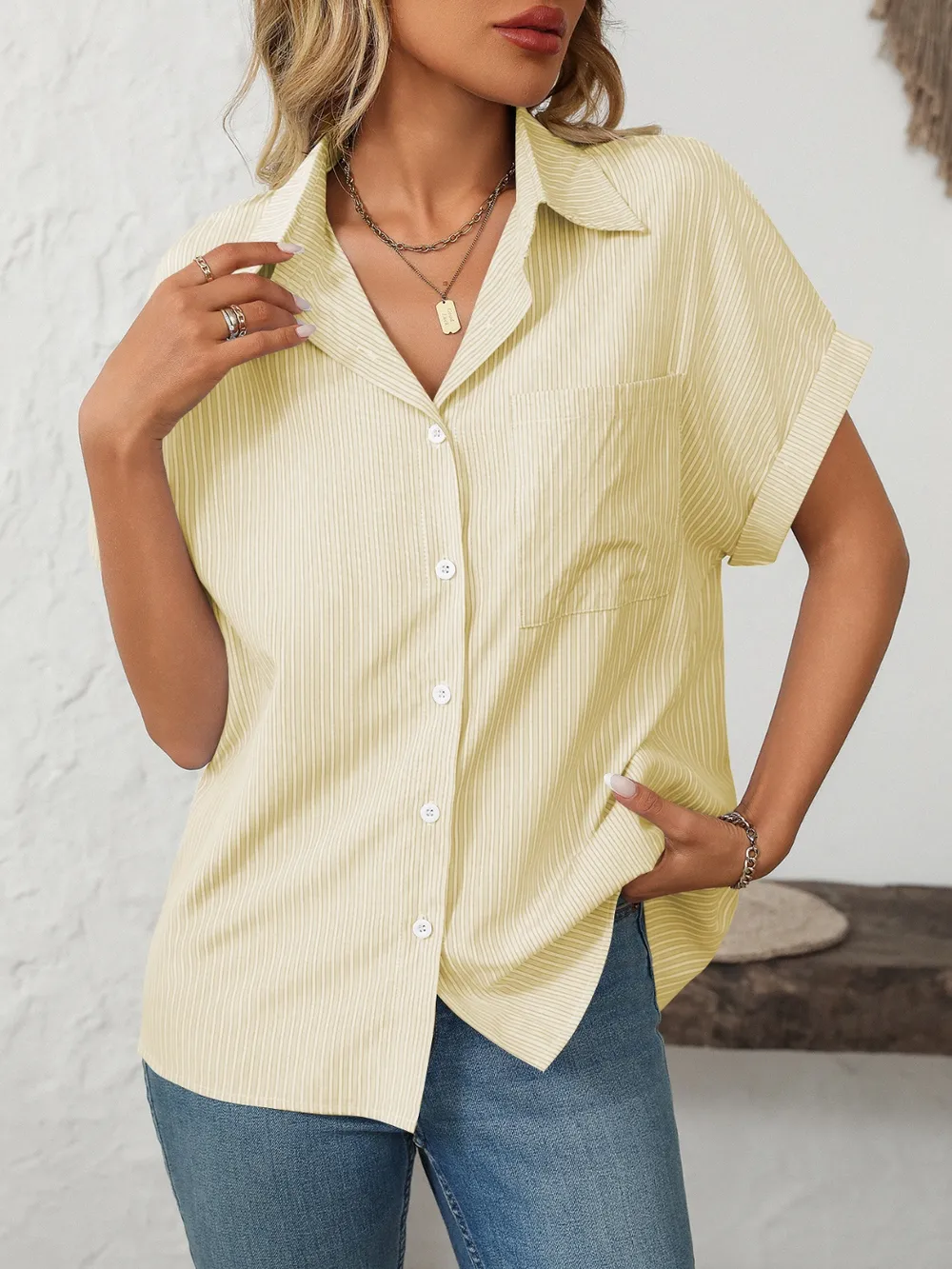 Pocketed Striped Collared Neck Short Sleeve Shirt, image 17
