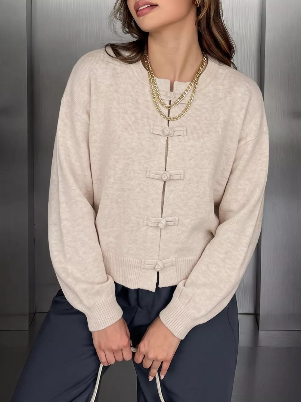 Button Up Dropped Shoulder Cardigan