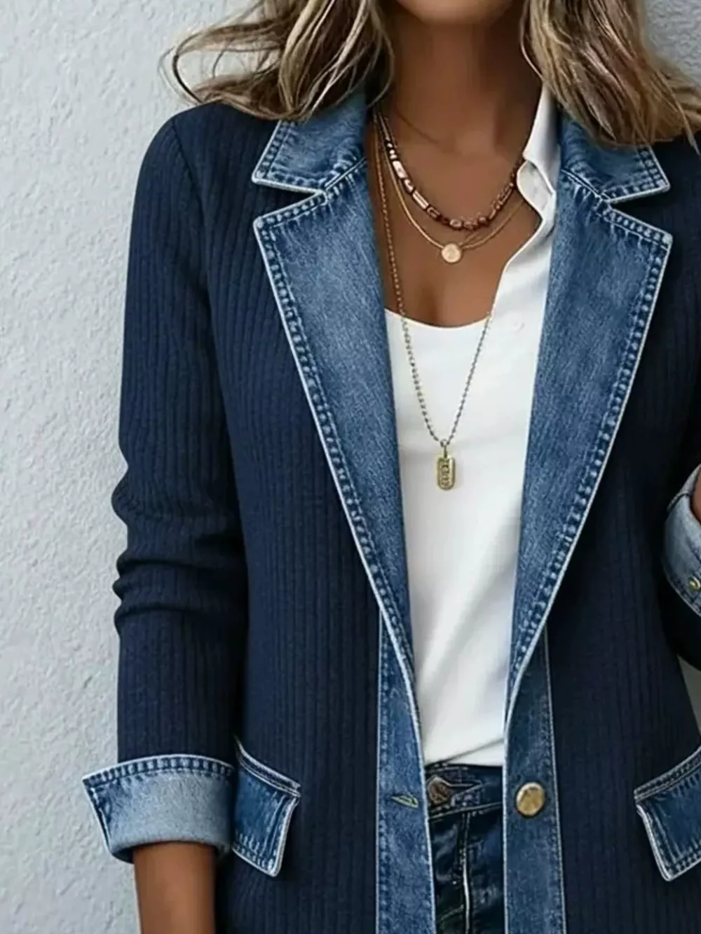 Full Size Denim Trim Ribbed Knit Jacket Plus Size, image 11