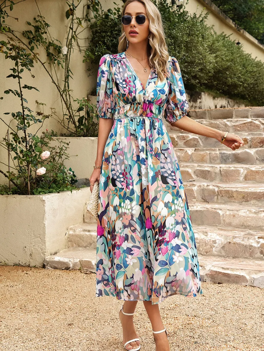 Printed Puff Sleeve Midi Dress, image 12