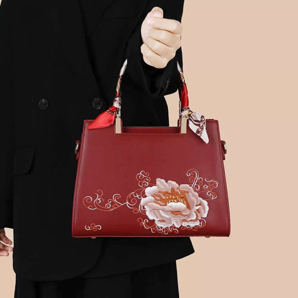 Embroidered Floral Leather Top Handle Handbag, image 2