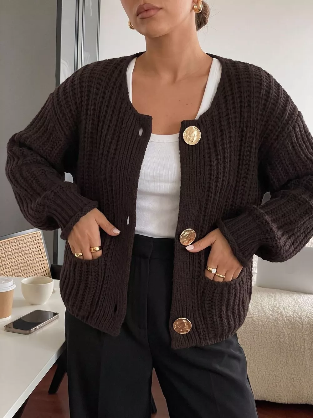 Ribbed Knit Cardigan with Gold-Tone Buttons, image 11