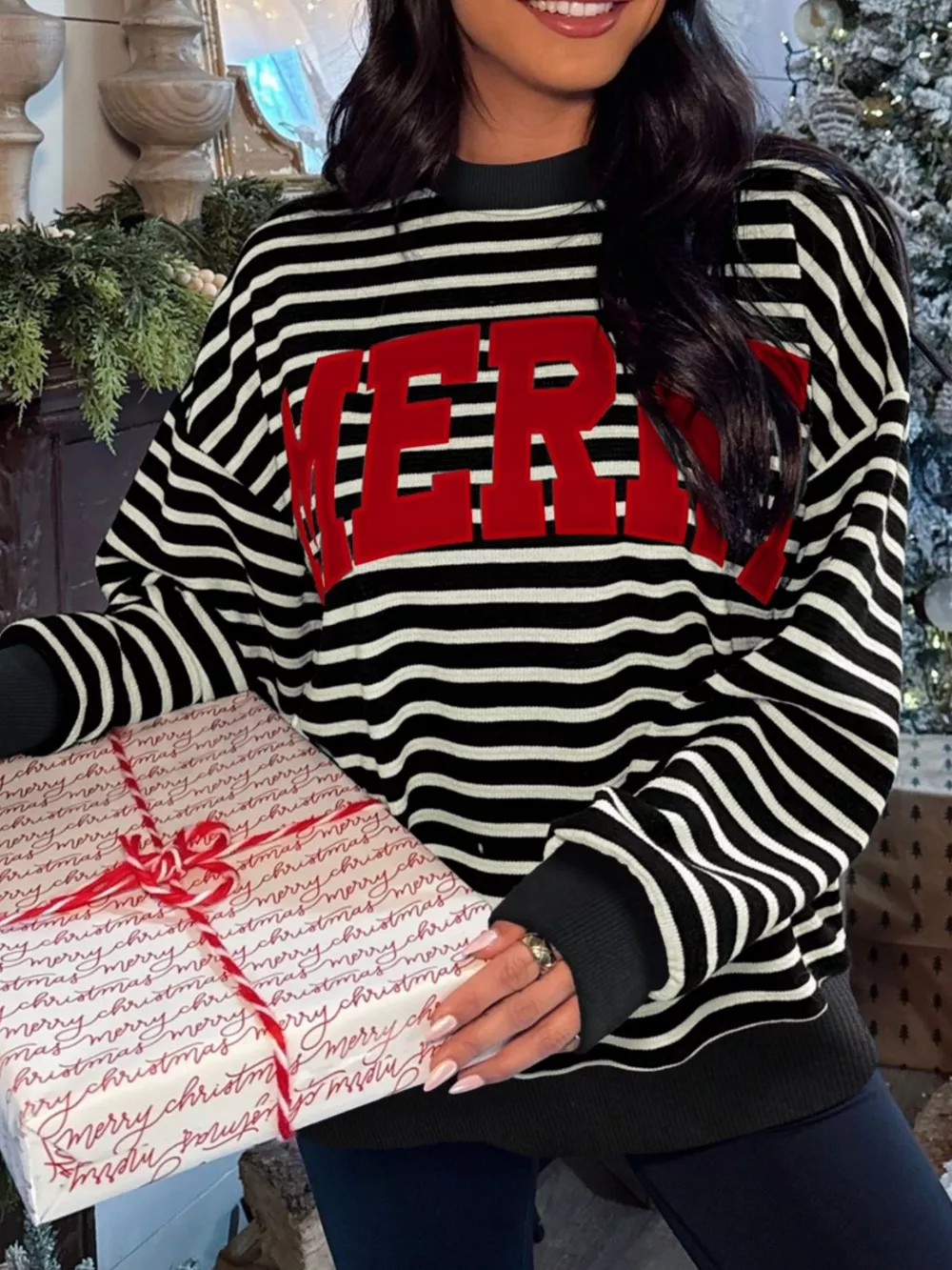 Stripe Contrast MERRY Letter Christmas Print Drop Shoulder Sweatshirt