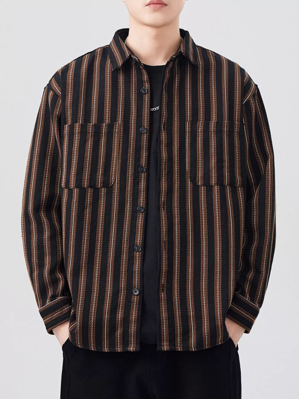 Men's Plus Size Striped Button Up Long Sleeve Shirt, image 2