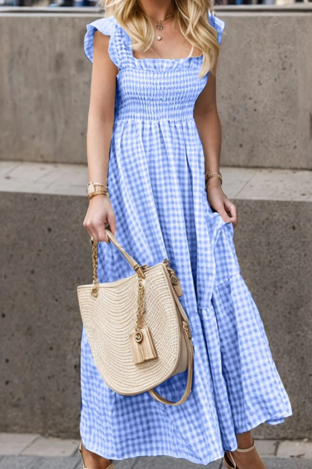 Full Size Smocked Ruffled Plaid Ruffle Hem Dress, image 12