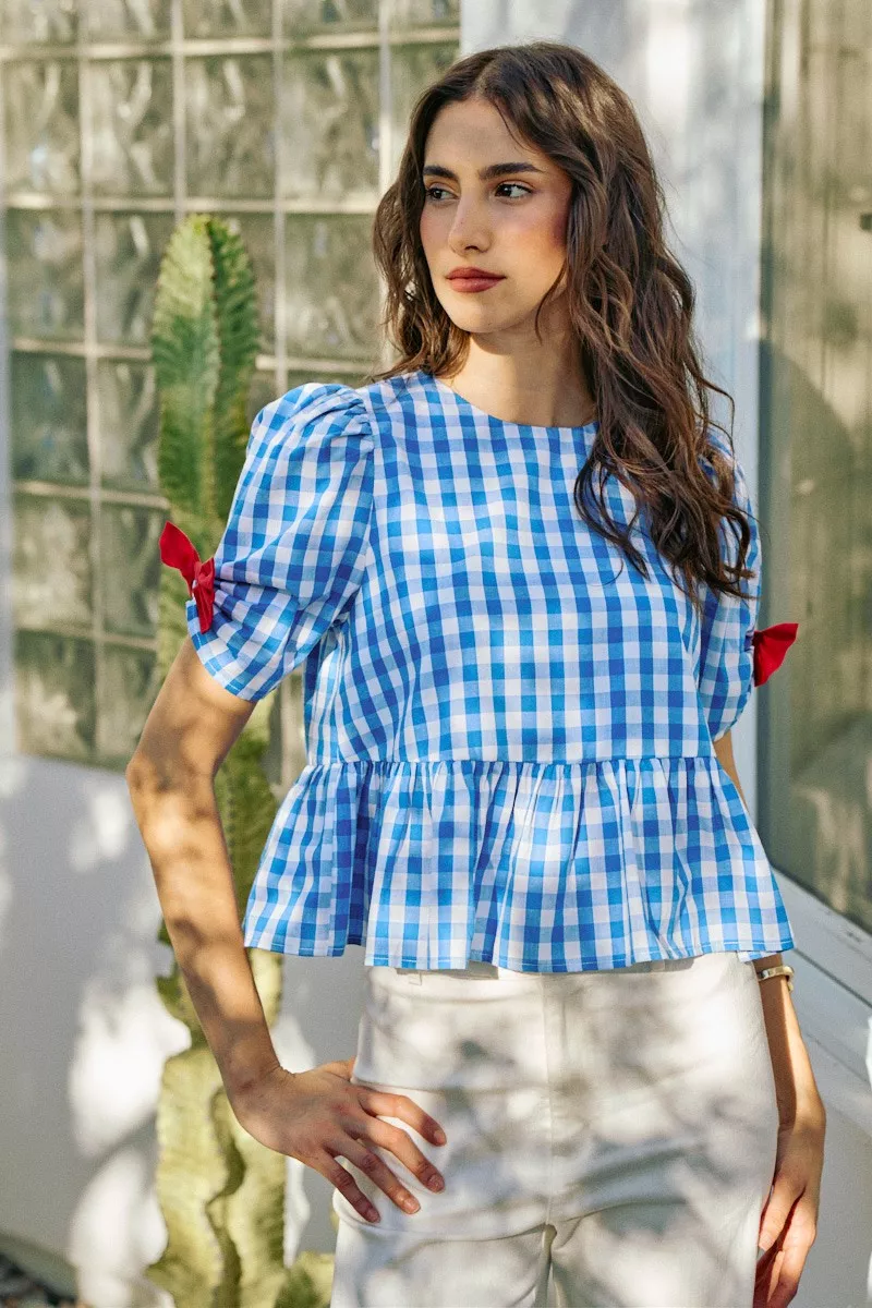 4th Of July Gingham Ribbon Detail Short Sleeves Blouse, image 4