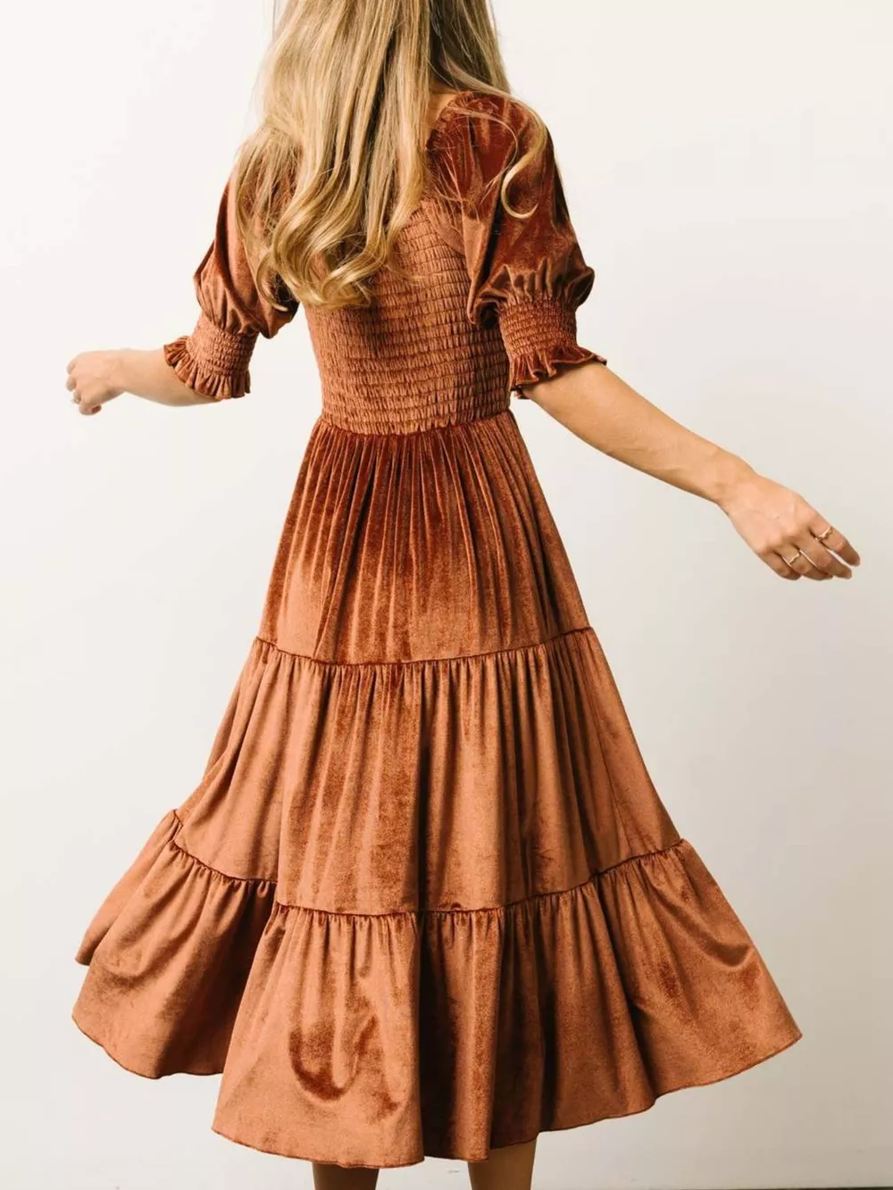 Velvet Smocked Tiered Midi Dress, image 7