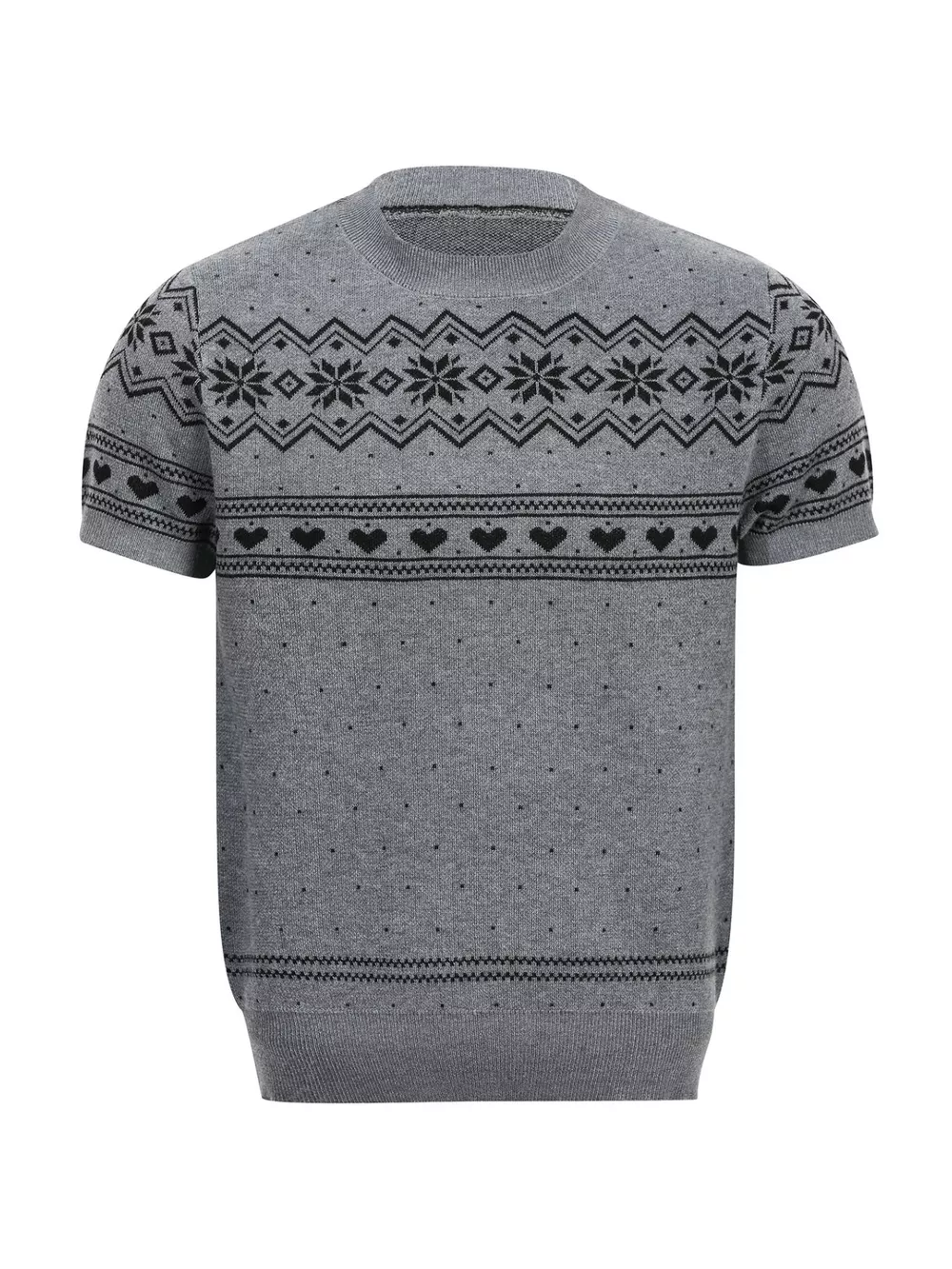 Men's Short-Sleeve Knit Top with Fair Isle and Heart Pattern