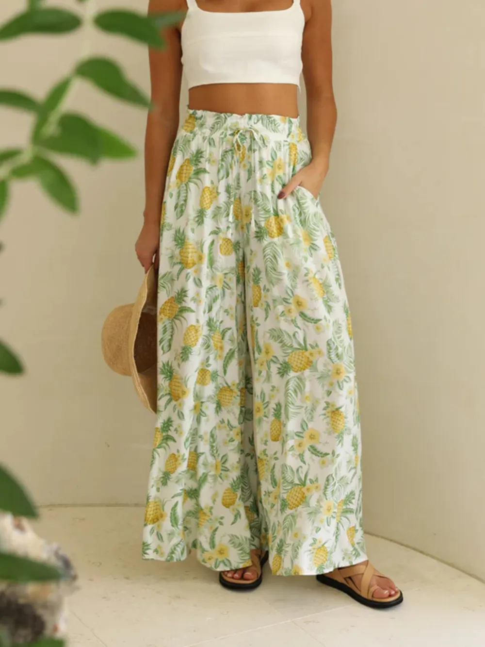 Drawstring Paperbag Waist Printed Wide Leg Pants, image 16