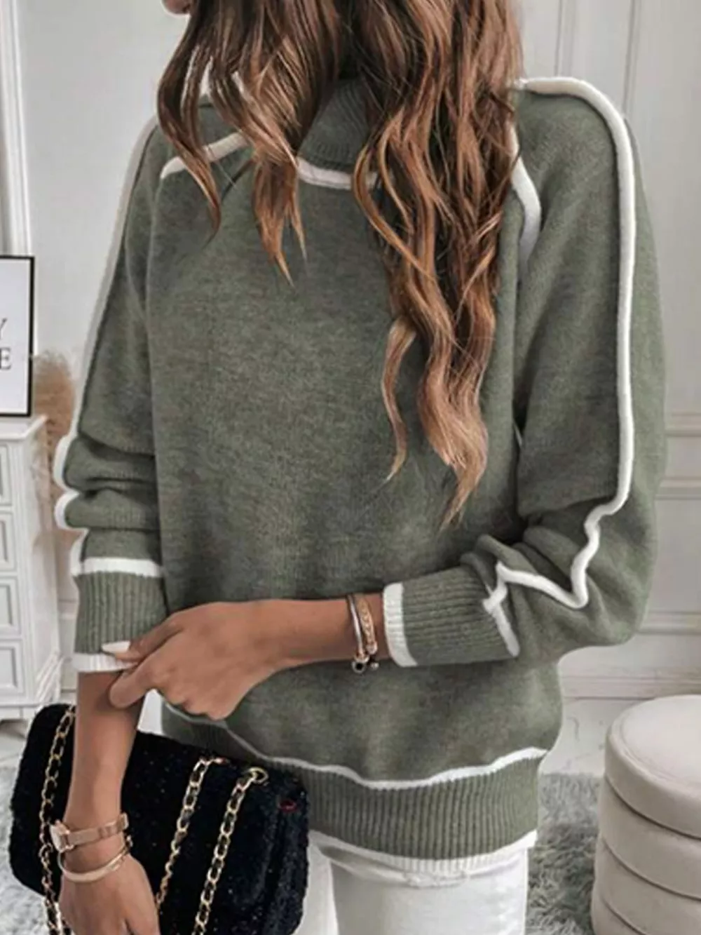 Full Size Contrast Trim Ribbed Hem Turtleneck Sweater Plus Size, image 4