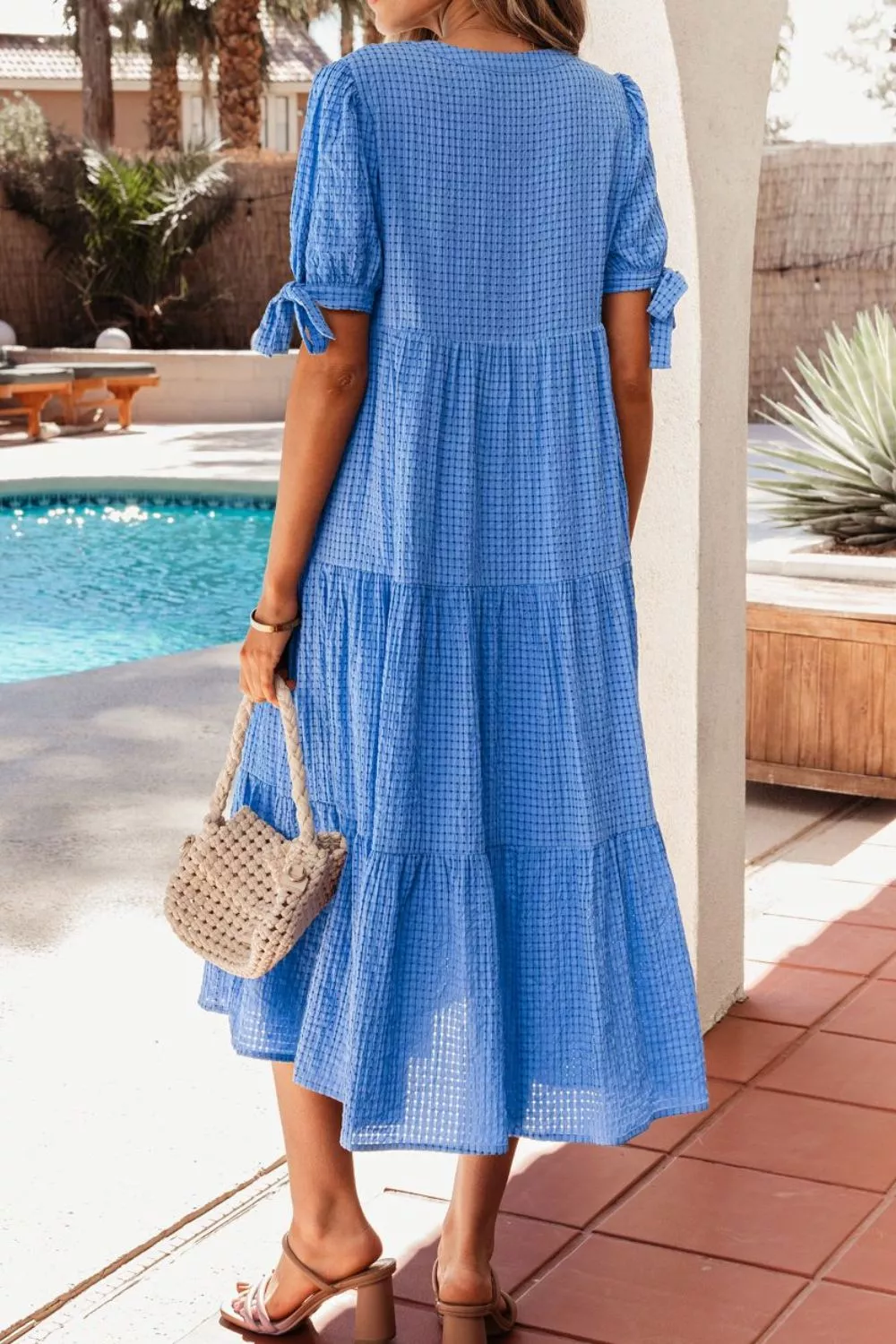 Notched Short Sleeve Tiered Midi Dress, image 3