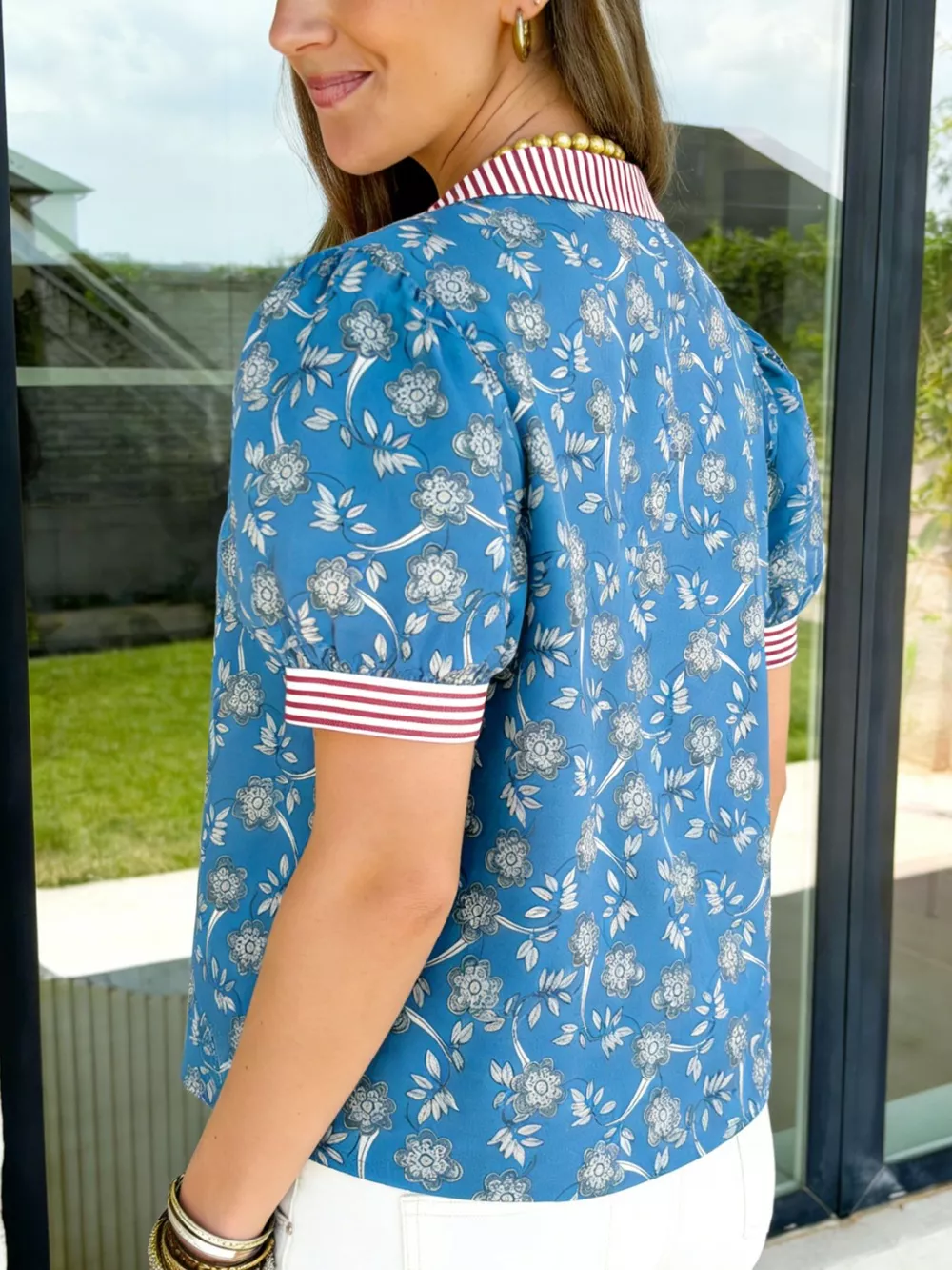Floral Print Striped Trim Button Neck Short Sleeve Blouse, image 7