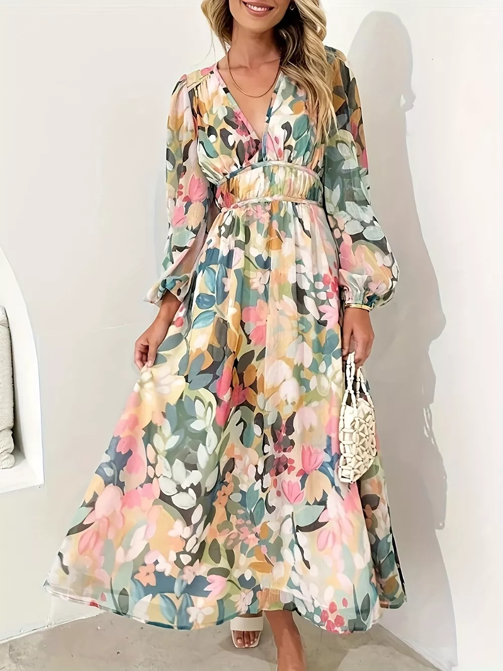 Floral Print Long Sleeve Midi Dress