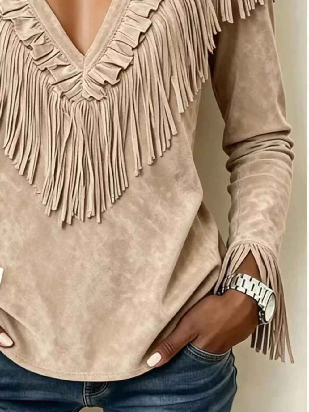 Fringed V-Neck Blouse, image 7