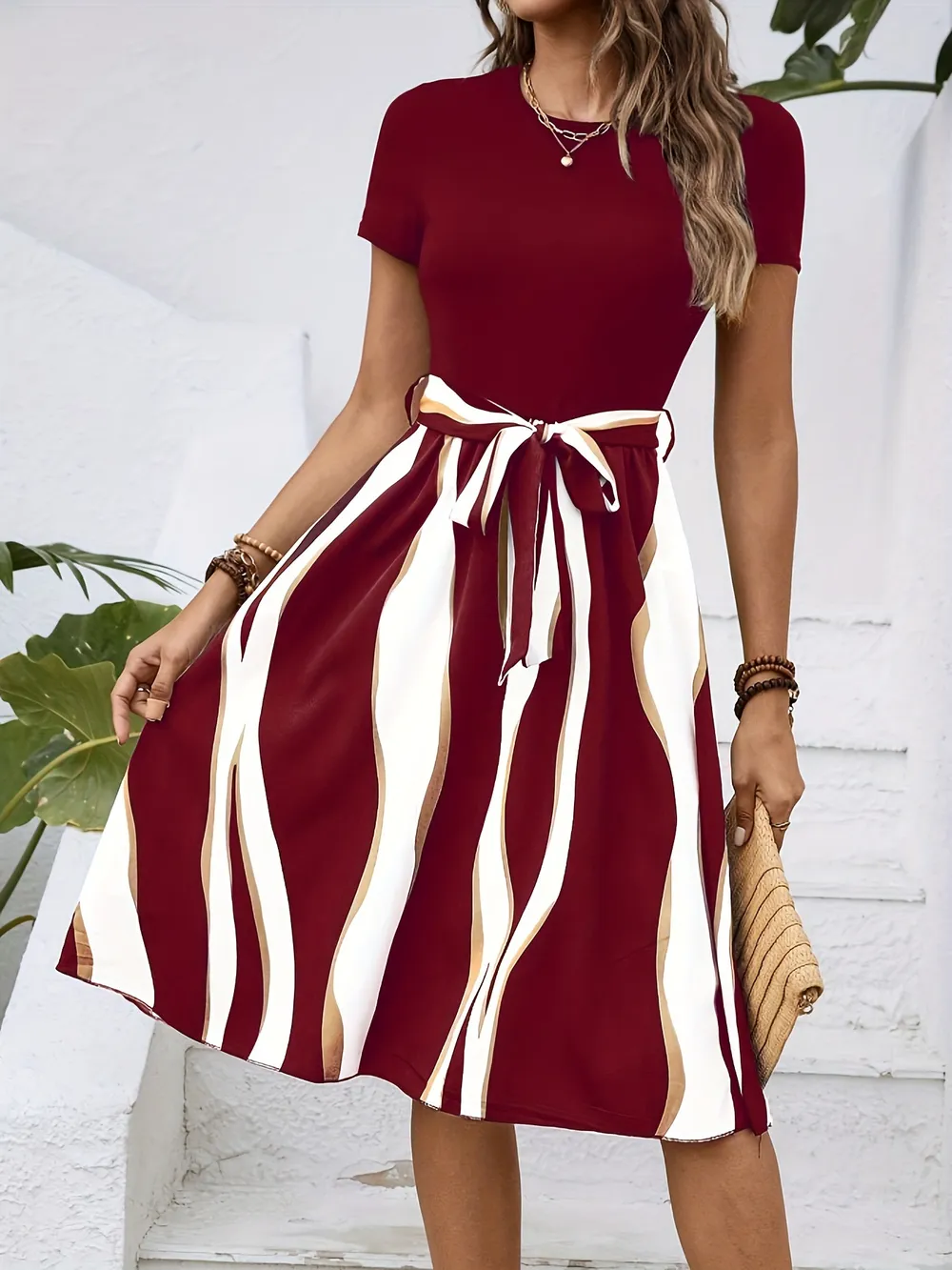 Striped Short Sleeve Tie Waist Dress, image 11