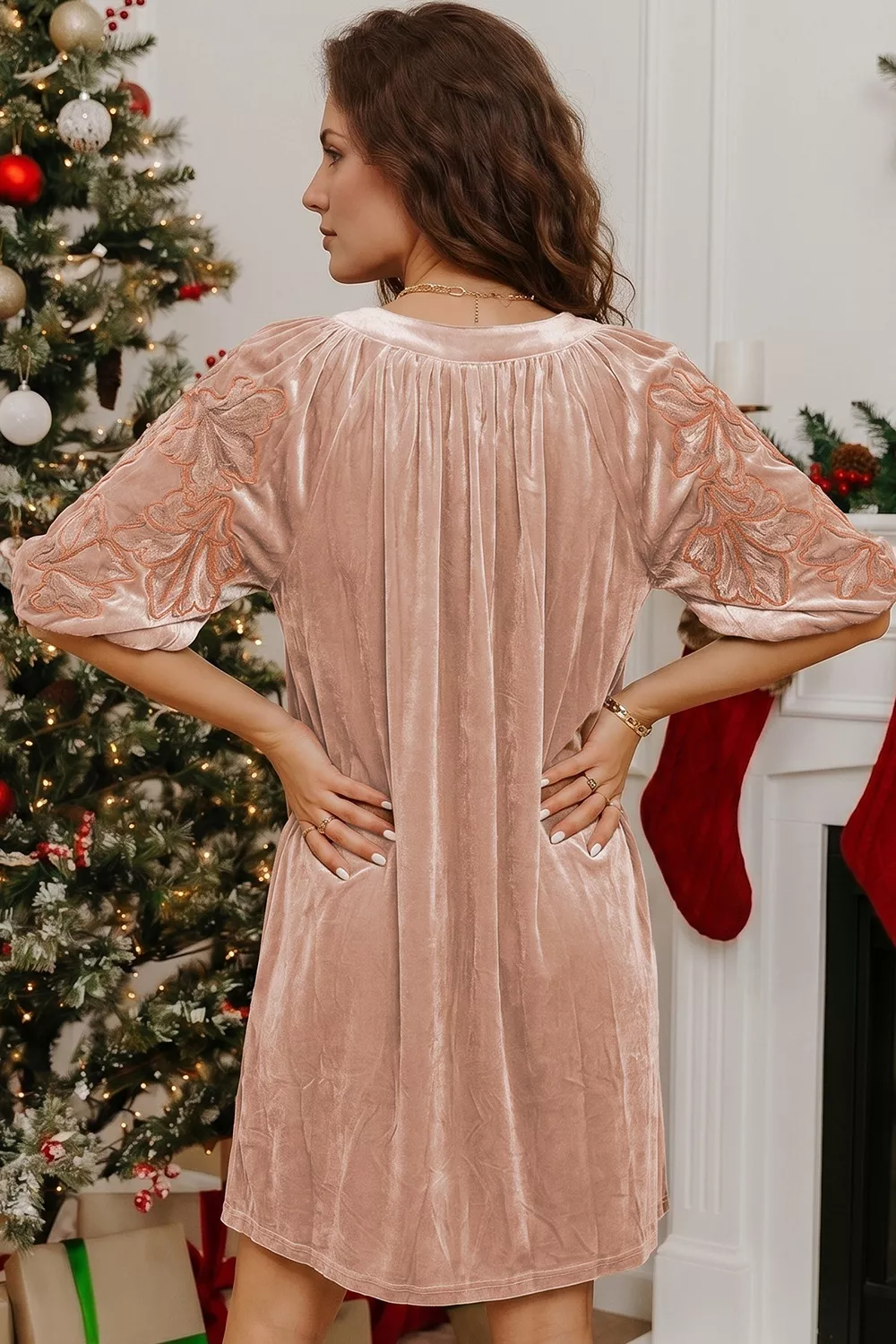 Embroidered‑Sleeve Velvet Mini Shift Dress, image 5