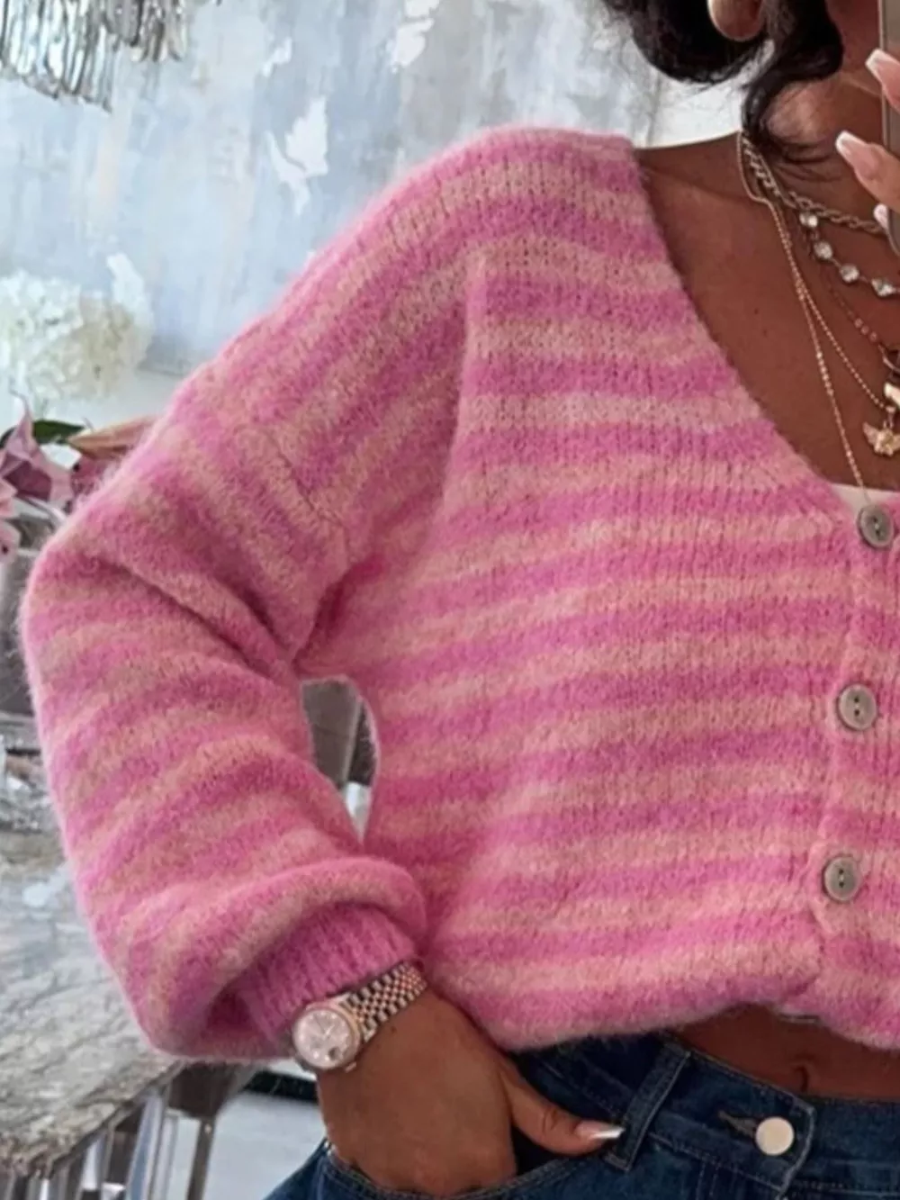Striped Knit Button-Down Cardigan, image 7