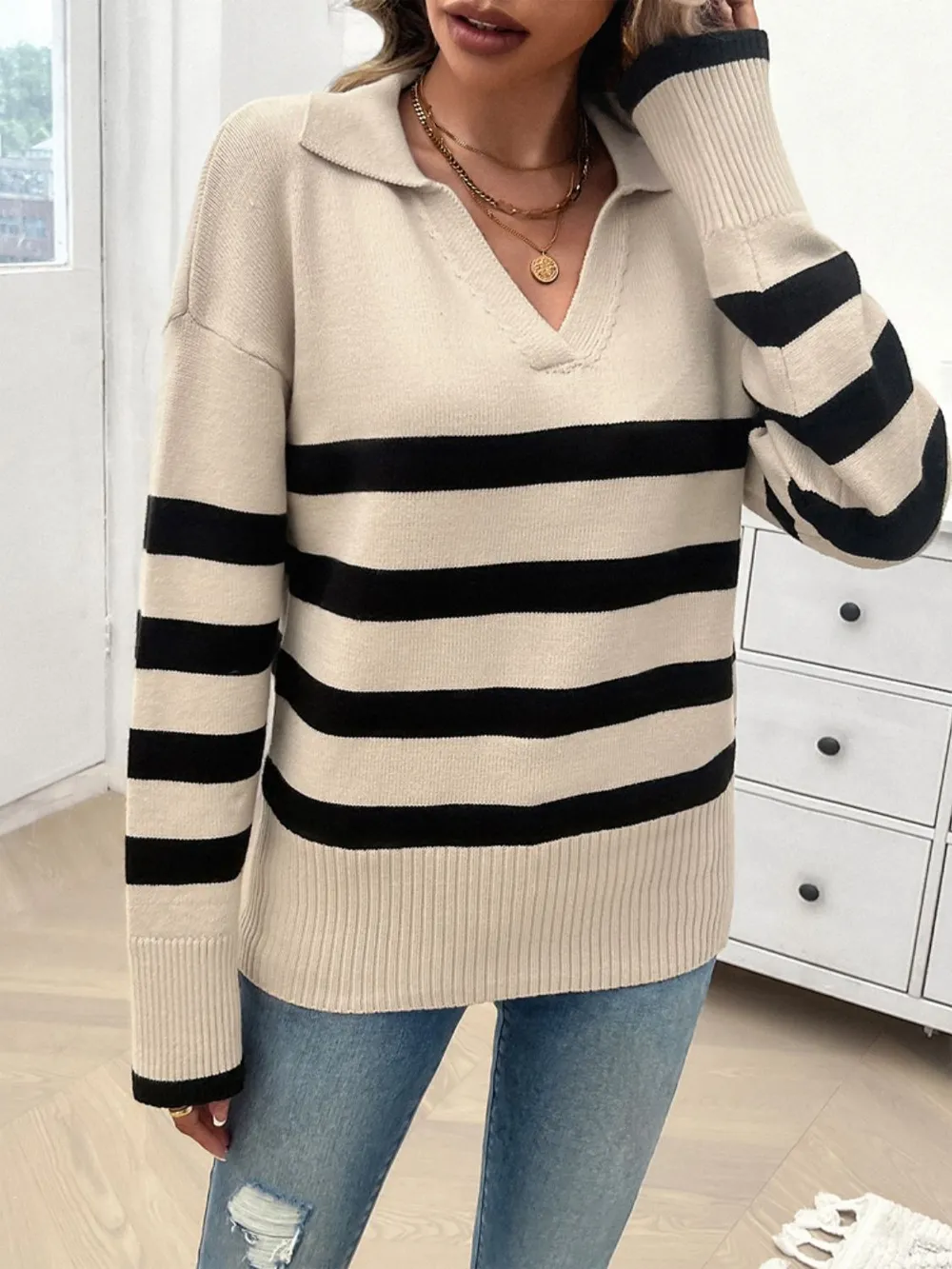 Striped Collared Neck Long Sleeve Sweater, image 7