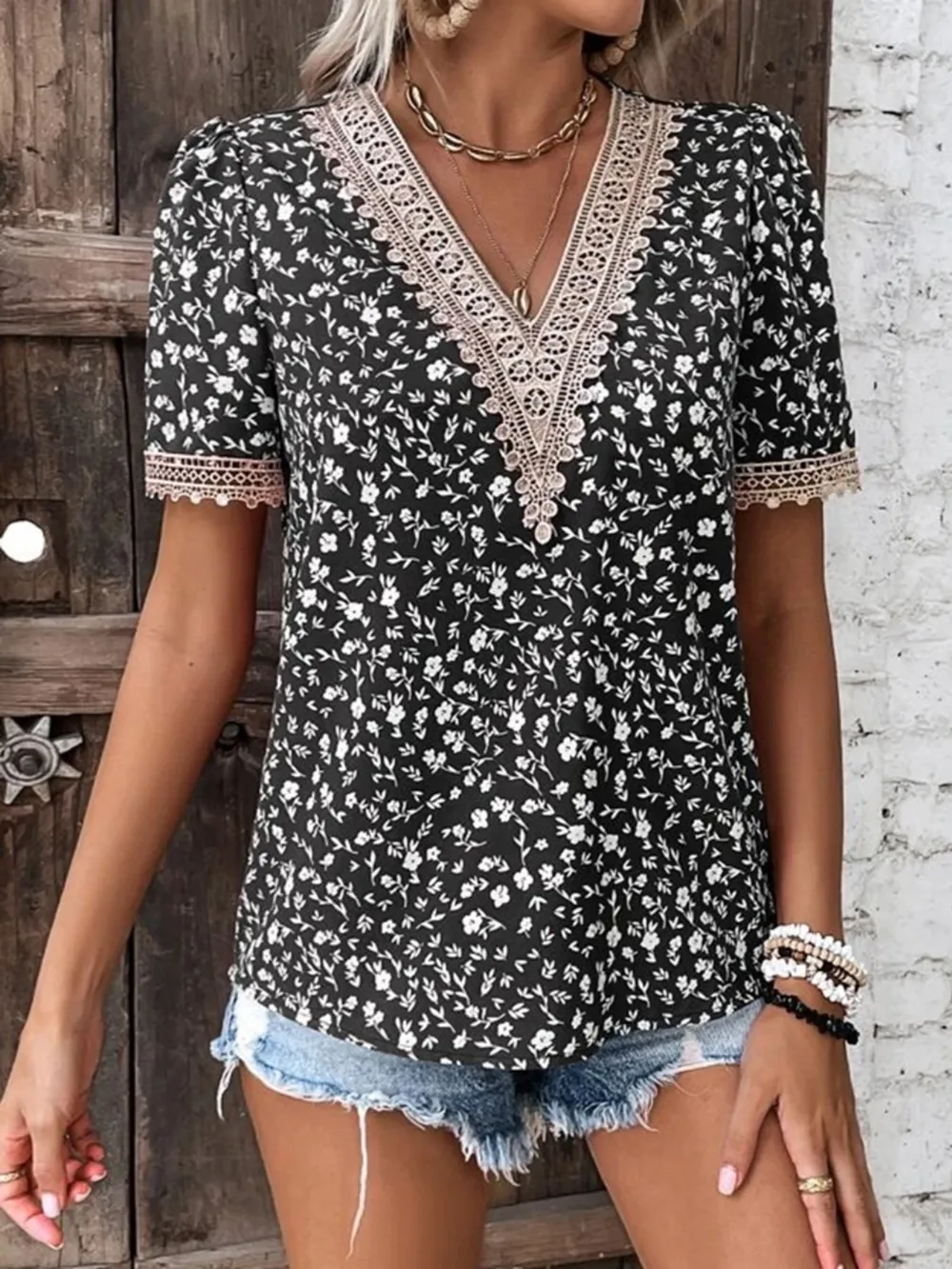 Full Size Printed V-Neck Short Sleeve Blouse, image 13