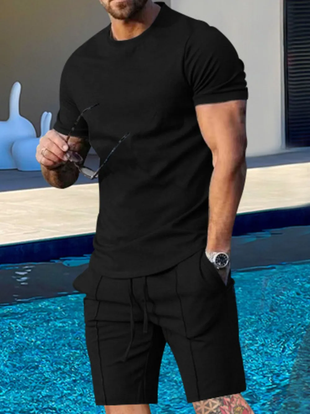 Men's Plus Size Round Neck Short Sleeve Top and Shorts Set, image 5