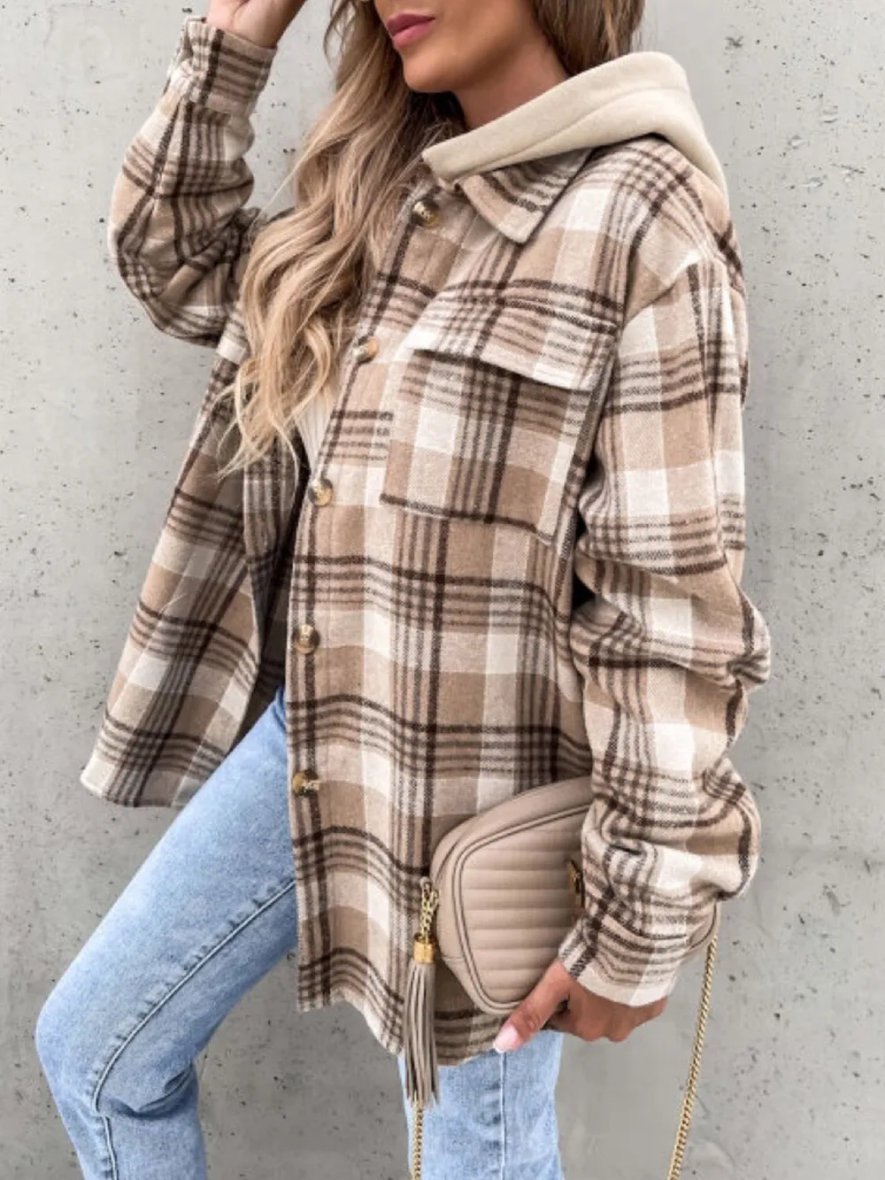 Plaid Button Up Jacket with Removable Hood, image 2