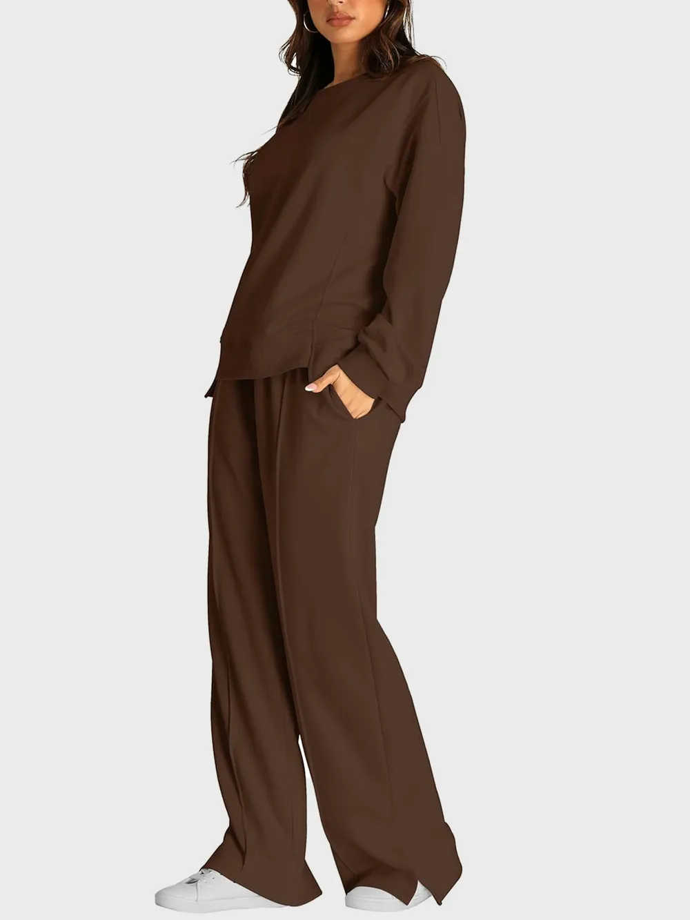 Round Neck Long Sleeve Top and Slit Pants Set, image 21