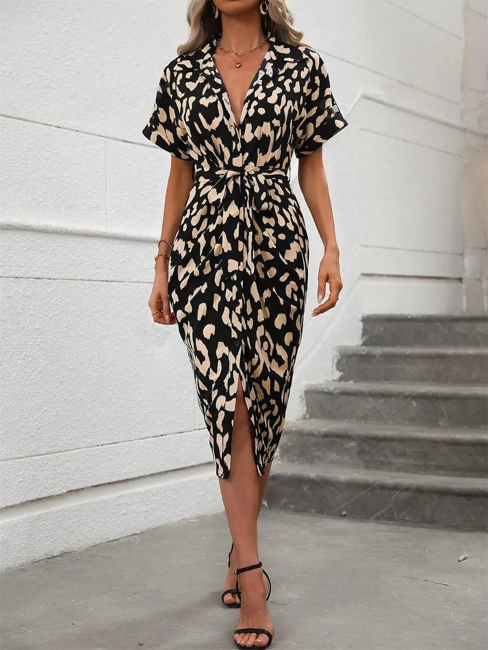 Short Sleeve Tie Waist Dress, image 3