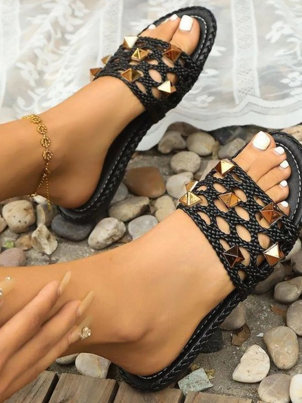 Hollow Out Studded Flat Sandal, image 4