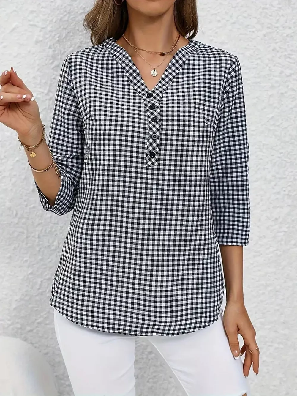 Gingham Button Detail Blouse