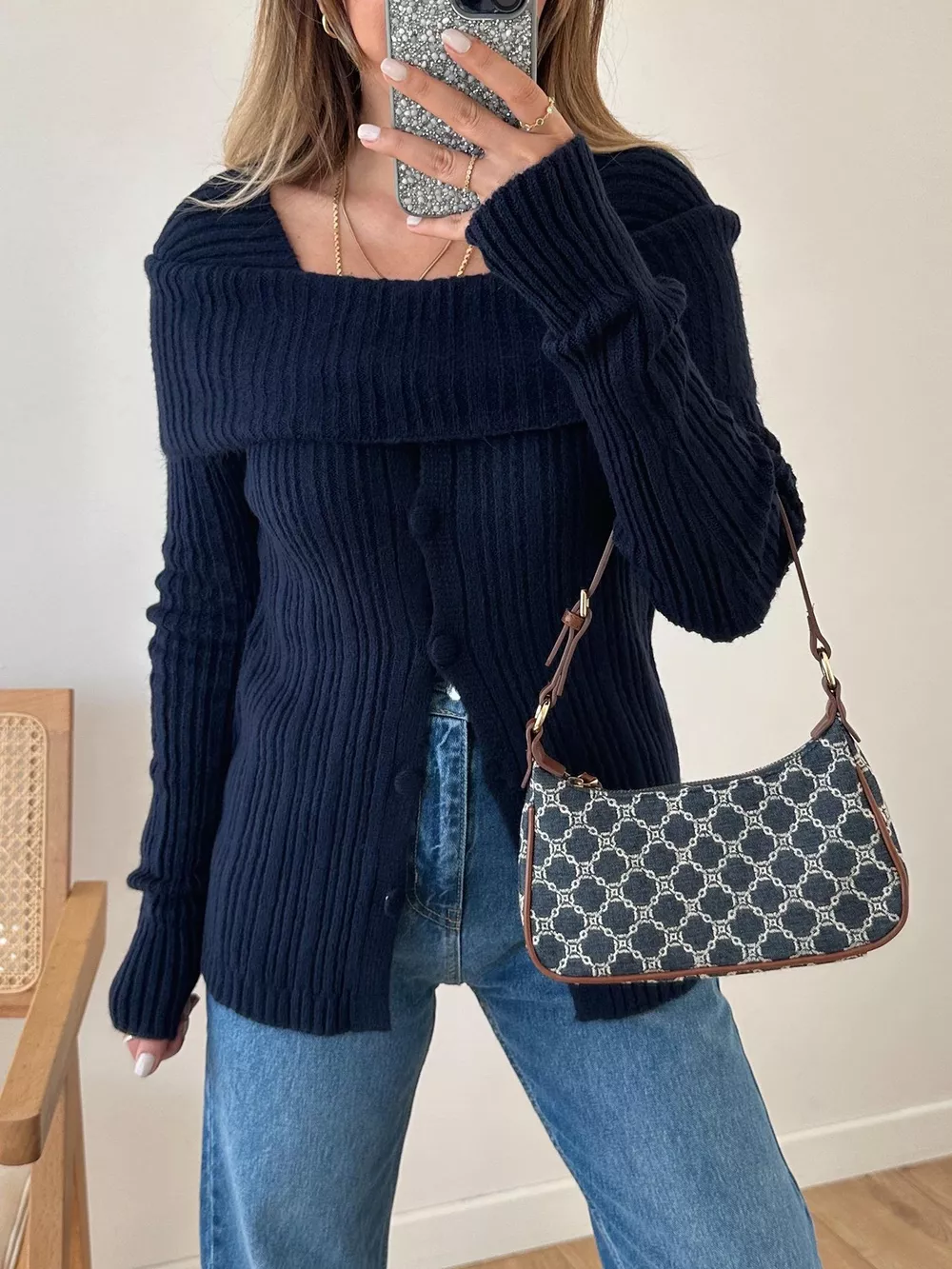 Textured Slit Front Long Sleeve Knit Top, image 2