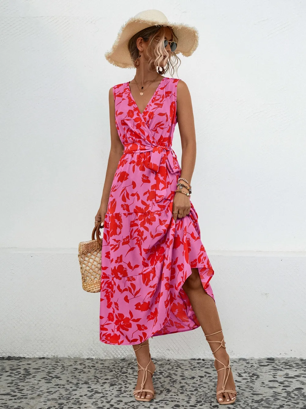 Tied Printed Surplice Tiered Dress, image 9