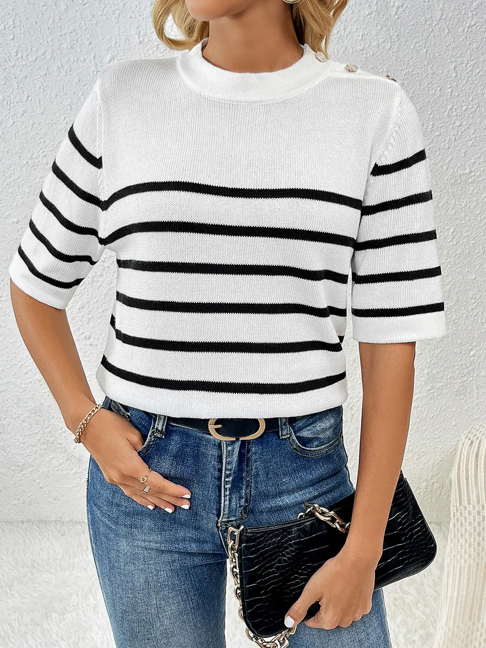 Striped Round Neck Half Sleeve Knit Top, image 5