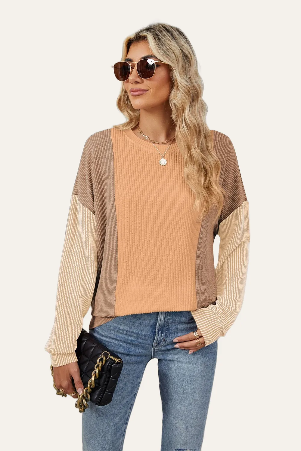Texture Contrast Round Neck Long Sleeve T-Shirt, image 16