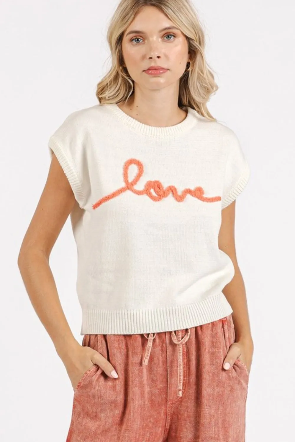 Contrast Letter Round Neck Cap Sleeve Knit Top