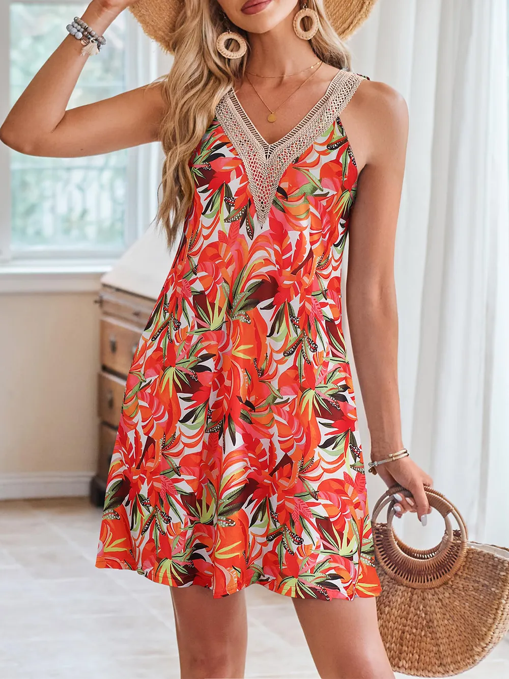 Lace Detail Printed V-Neck Sleeveless Dress, image 22